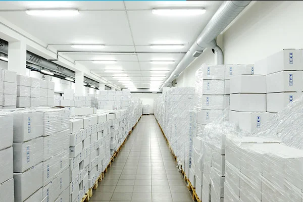 Boxed product stacked on pallets along a JD cold room aisle