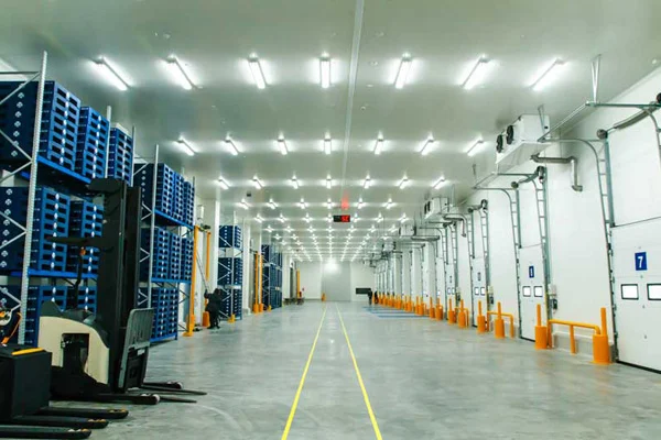A long, brightly lit aisle inside a JD cold store